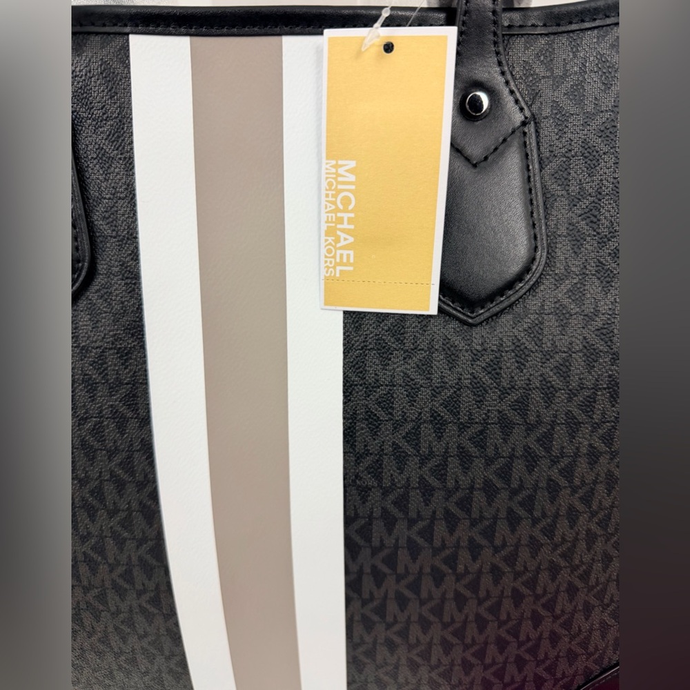 Michael Kors Large Signature Logo Striped Tote/Black, White & Gray/Taupe!   NWT - Picture 3 of 5